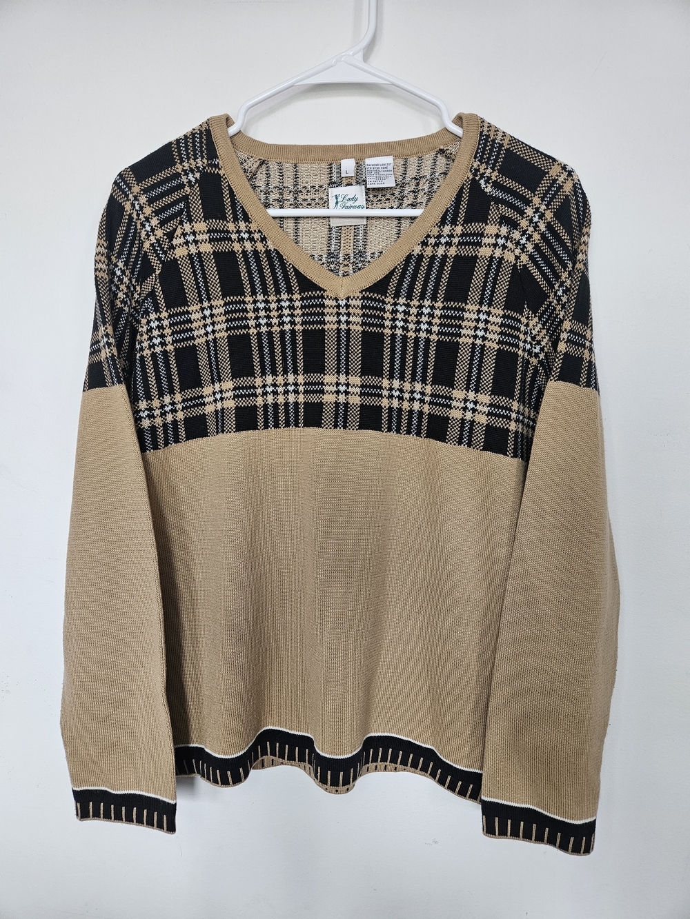 Lady Fairway Golf Sweater V-Neck Tan Black Plaid Pattern Women's Size Large L
